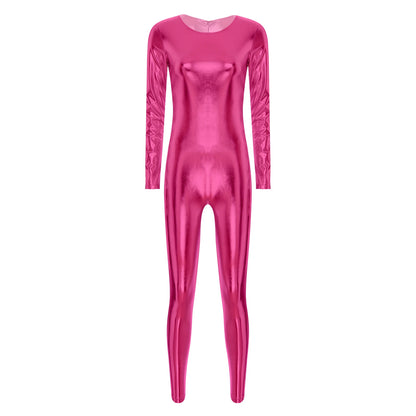Womens Metallic Shiny Bodysuit Clubwear Long Sleeve Slim Fit Full Body Jumpsuit Nightclub Rave Party Musci Festival Costumes