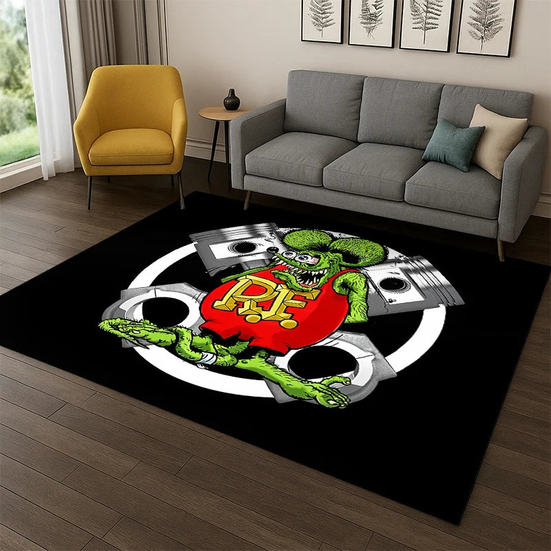 Rat Fink Cartoon Racing Car Moto Sign Carpet Rug for Bedroom Living Room Sofa Doormat Home Decor,Kid Game Area Rug Non-slip