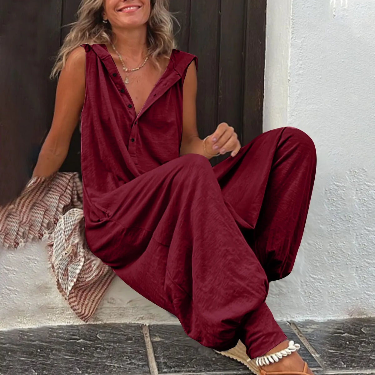 Fashionable Sleeveless Hooded Collar Jumpsuit Women Spring Summer Button Pocket Loose Casual Baggy Pants Jumpsuits Female