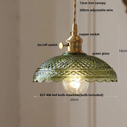IWHD Home Decor LED Pendant Lights Kitchen Restaurant Copper Socket Flower Green Glass  Nordic Modern Walnut Wood Hanging Lamp