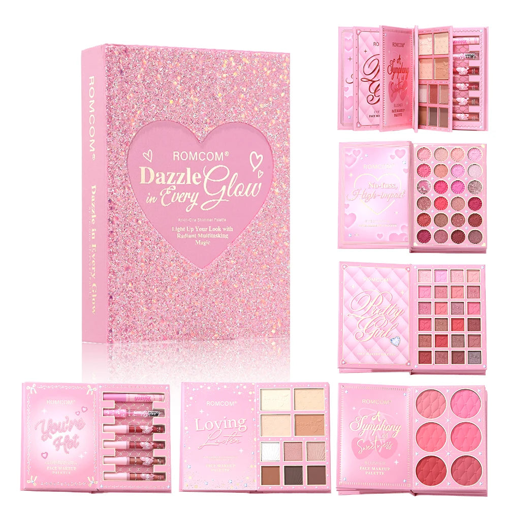 All-in-One 5-Page Makeup Magic Book: Full Kit with Multi-Shade Eyeshadow, Blush, Highlighter, Contour & Glossy Lip Gloss