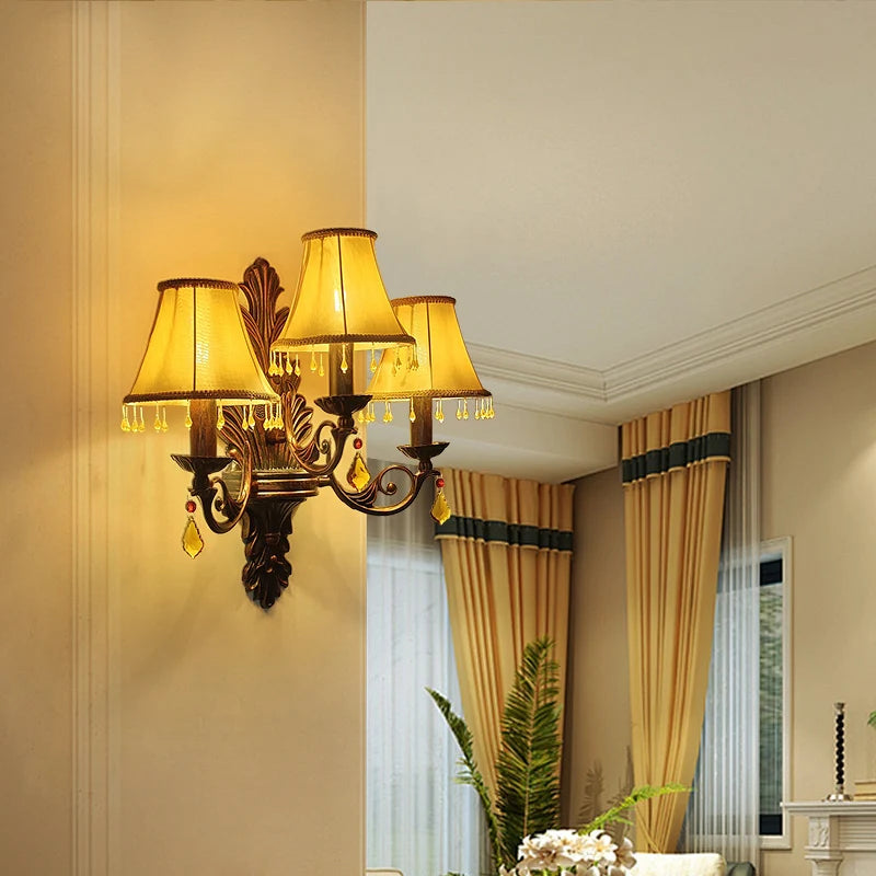 Retro American European Iron Art Red Cloth Crystal Wall Lamp for Hall Restaurant Bedroom Walkway Hotel Bar Decorative Wall Light