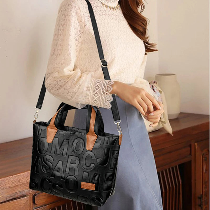 New Women's Large Capacity Contrast Color Handbag PU Leather Letter Embossed Ladies Shoulder Bag Designer Crossbody Bag