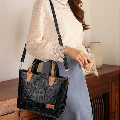 New Women's Large Capacity Contrast Color Handbag PU Leather Letter Embossed Ladies Shoulder Bag Designer Crossbody Bag