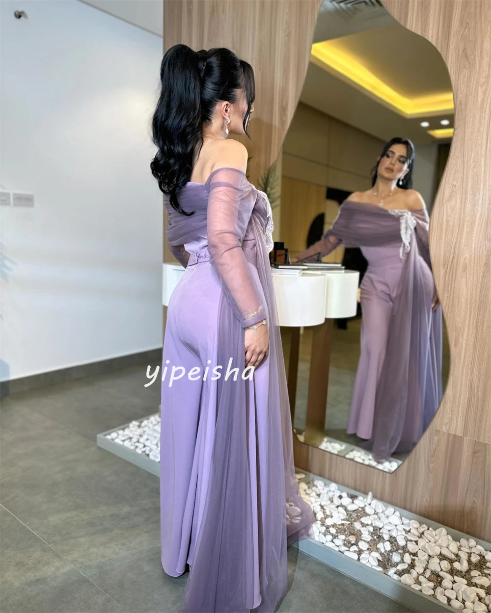 Customized Jersey Applique Cocktail Party A-line Off-the-shoulder Bespoke Occasion Gown Midi Dresses
