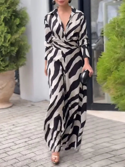 UOOZEE 2026 New Zebra Printed Lapel Jumpsuits For Women Long Sleeves High Waisted Wide Leg Urban Casual Office Commute Overalls
