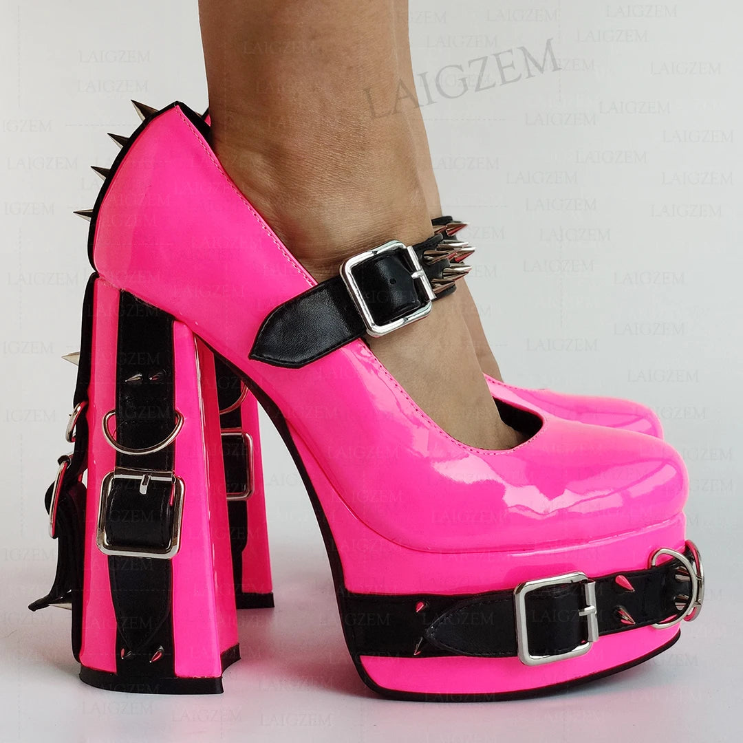 LAIGZEM Women Pumps Punk Rivets Patchwork Platform Cosplay Gothic Sandals Handmade Buckle Straps Shoes Woman Big Size 39 43 52