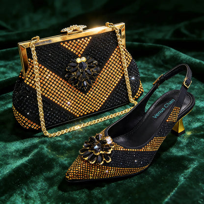 Venus Chan 2026 Italian Luxury Rhinestone Wine Pointed Toe High Heels with Matching Bag Set – Ideal for Parties and Special