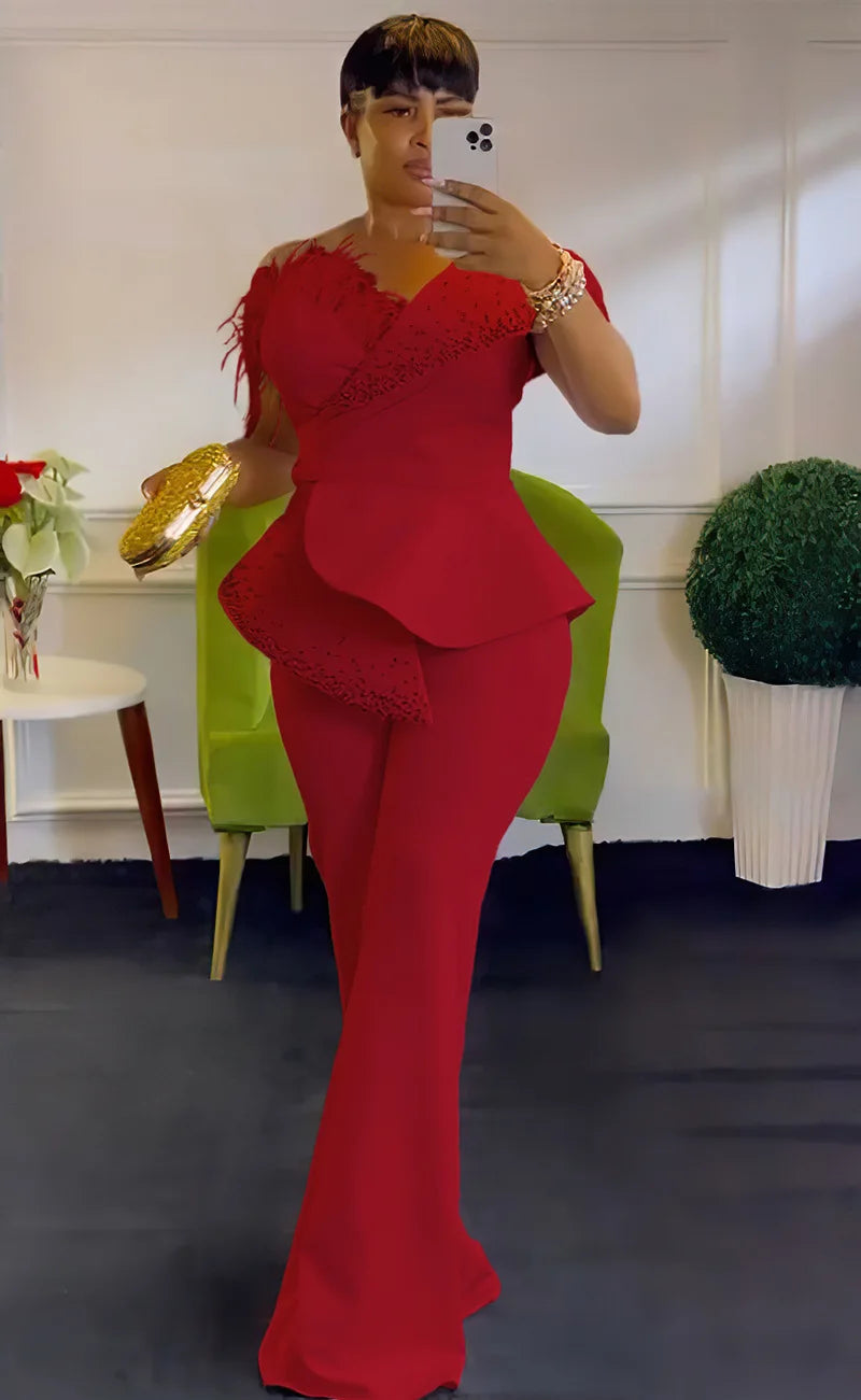 Women Jumpsuit One Shoulder Feather Diamond Peplum Party Fashion Female One Piece African Event Occasion Rompers New Summer 2024