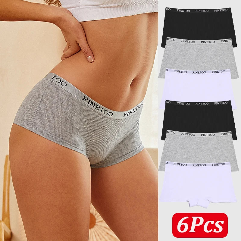 FINETOO 6PCS/Set Women Cotton Panties Female Boxer Boyshort Low Waist Letter Logo Sport Underwear Ladies Pants Intimate Lingerie