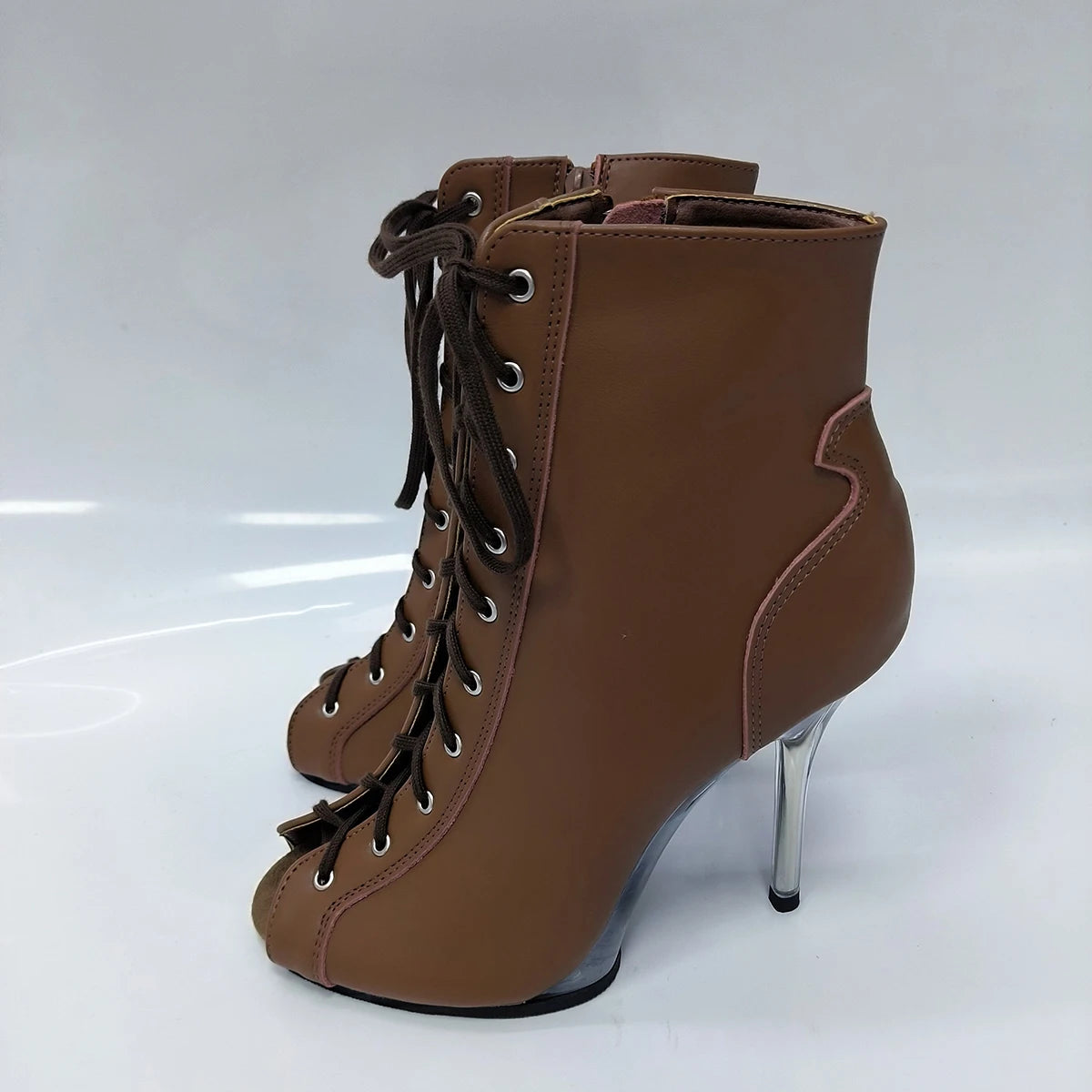 Pink 12cm high-heeled shoes,Twisted buttocks dance modeling performances 5 inch transparent soles sexy Fetish short Ankle Boots