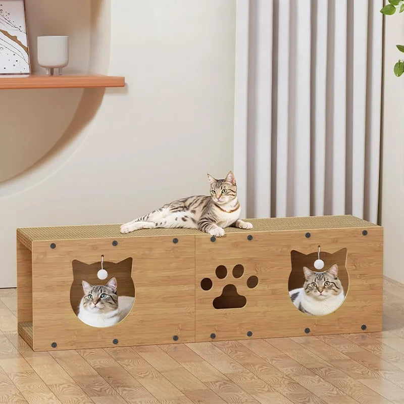 2-in-1 Cat Scratcher &   Cozy Bed - Durable Cardboard Lounge Bed with Hanging Toys