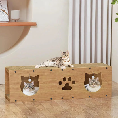 2-in-1 Cat Scratcher &   Cozy Bed - Durable Cardboard Lounge Bed with Hanging Toys
