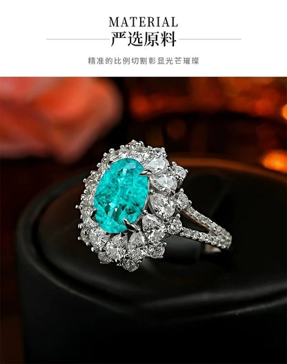 S925 Silver Ring 2ct Neon Blue Green Zircon Ring Double Layer Surrounding Luxury Women's Jewelry