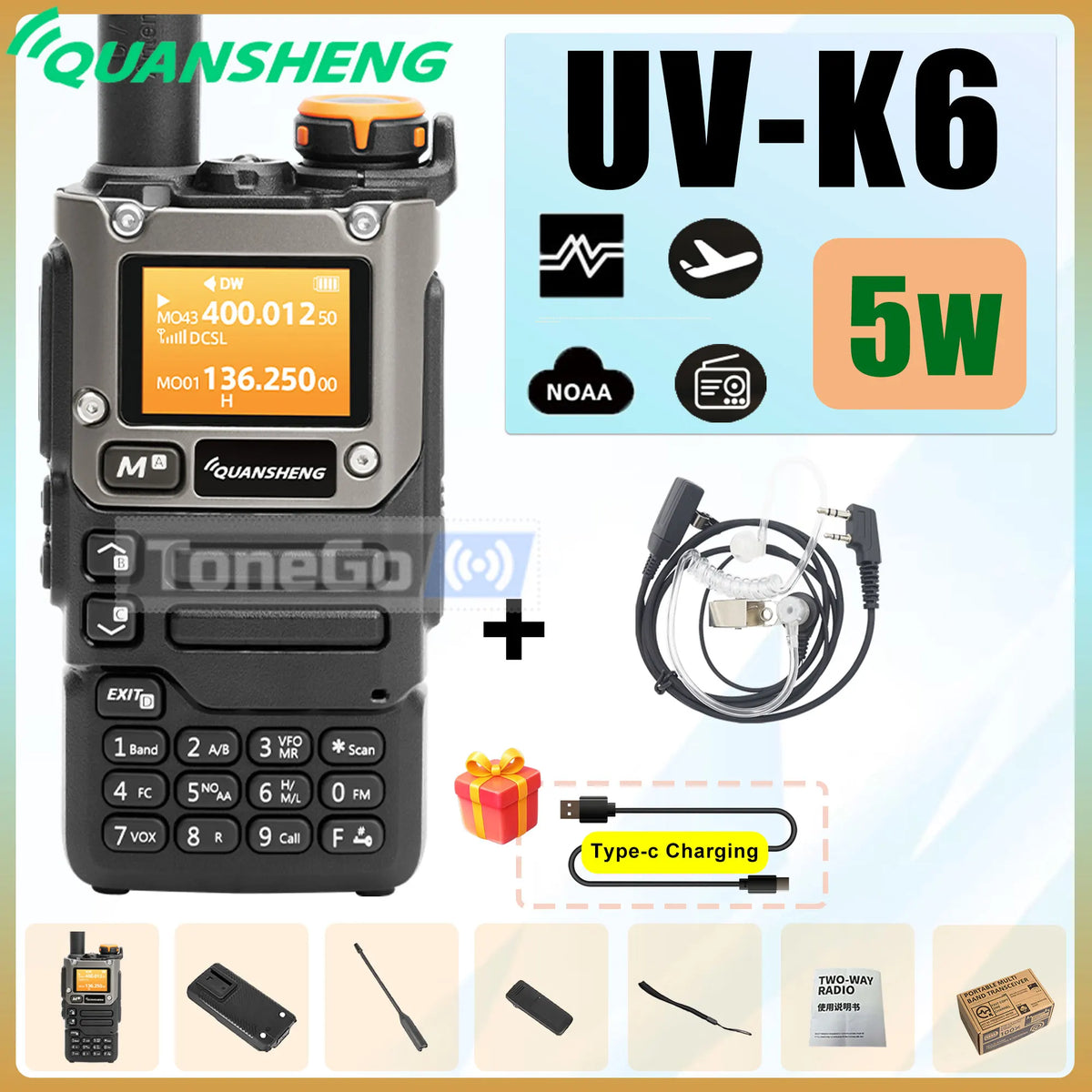 Quansheng UV-K6 Walkie Talkie 5W AM FM 50-600MHz USB-C Direct Charge NOAA Weather Multi Band UV-K58 UV-K5(8) Two Way Radio