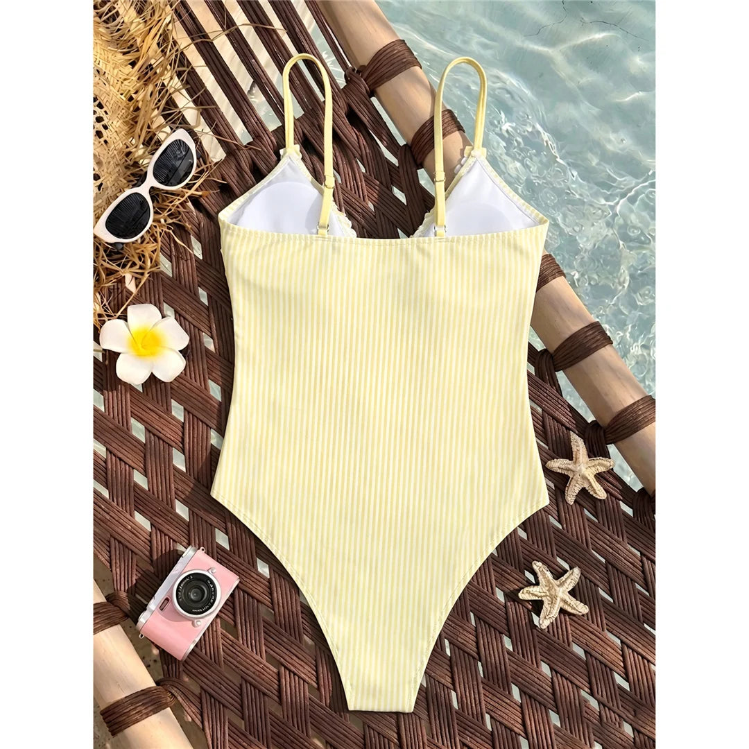 S - XL One Piece Swimsuit Female Frilled High Leg Cut Padded Bather Bathing Suit Swim Striped Plaid V Neck Women Swimwear V8288