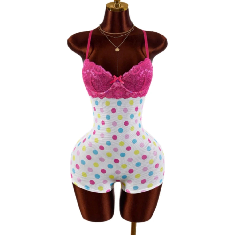 HLJ&GG Sexy Polka Dot Print Lace Splicing Bodycon One Piece Rompers Women Spaghetti Strap Sleeveless Backless Jumpsuits Street