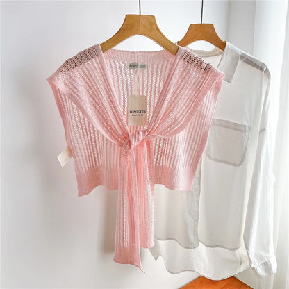 Women Plain Solid Lace Hollow Out Shawls Summer Air Conditioning Fake Collar Neck Guard Knit Thin Knotted Cape Shoulder Scarves