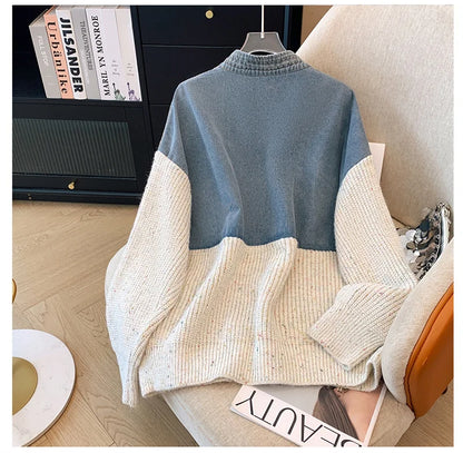 Fat mm200 Pounds Vintage Denim Patchwork Sweater Coat ins Fashion Woman 2024 Autumn and Winter Thickened Loose Niche Cardigan