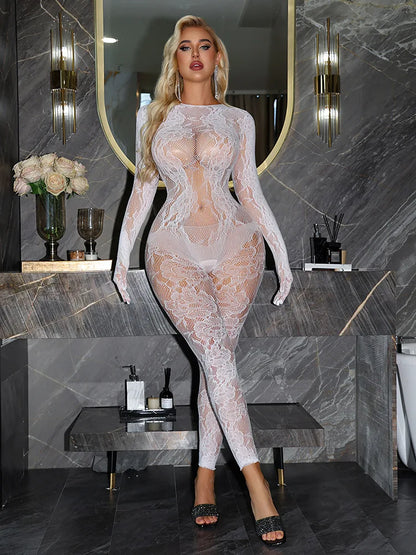 Sexy Long Sleeve Bodysuit Women Red Floral Lace See Through Backless Sheer Mesh Jumpsuit Slim Bodycon Lingerie Exotic Apparel
