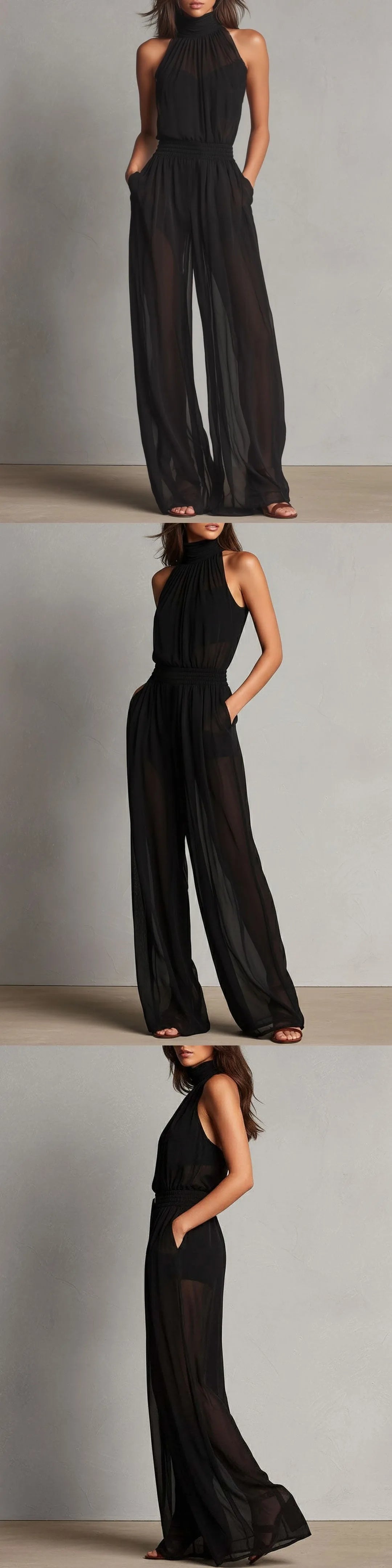 Womens Jumpsuits Summer Elegant Chiffon Sleeveless High Neck Backless Wide Leg Pants Jumpsuit Playsuit
