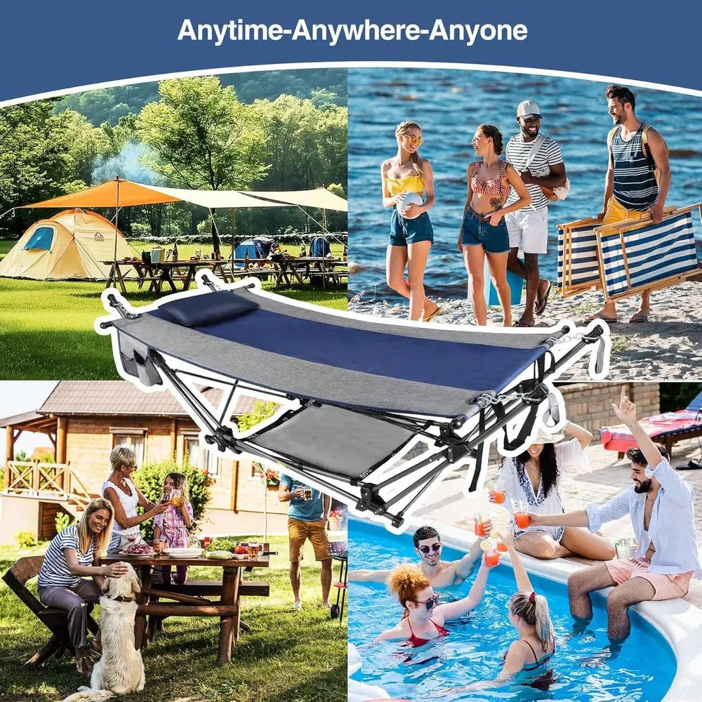 Portable olding Hammock with Stand,oldable Camping Hammock with Removable Pillow,Storage Net,oldable Lounge Camping Bed or Adult