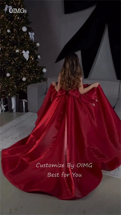 OIMG Red Beaded Christmas A Line Flower Girl Dresses Bow Long Tail Wedding Party Dress Floor Length Birthday Dress Customized