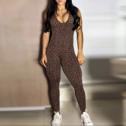 Women Sports Jumpsuits Leopard Deep V Bandage One Piece Yoga Pants Scrunch Workout Fitness Gym Training Athletic Tights Suits