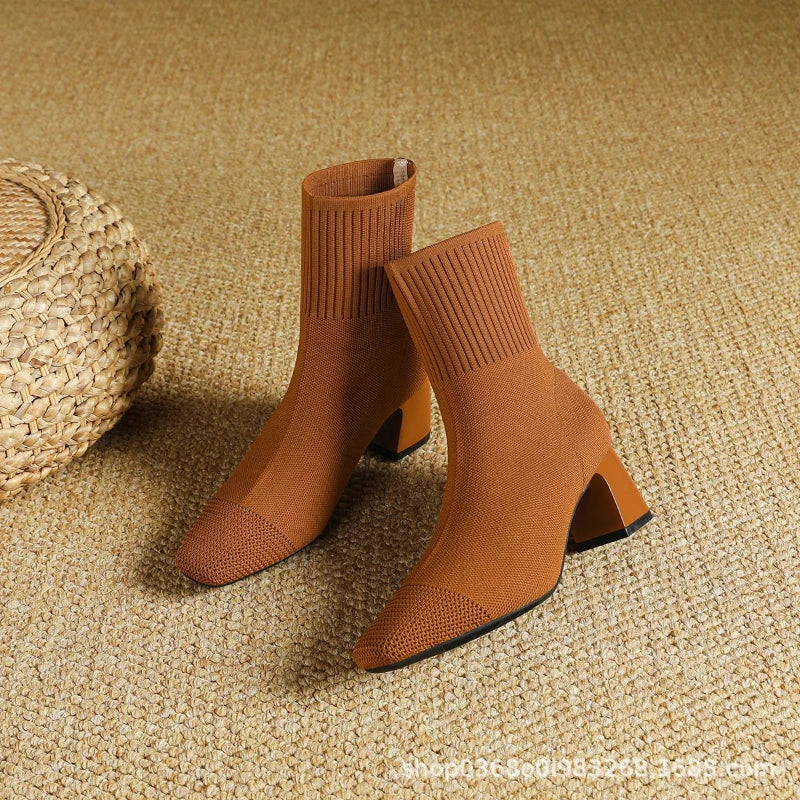 Black Square Toe Knit Sock Boots Elastic Slim Thick Block Heel High Heels Short Boots Fashion Autumn Casual Skinny Ankle Boots