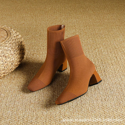 Black Square Toe Knit Sock Boots Elastic Slim Thick Block Heel High Heels Short Boots Fashion Autumn Casual Skinny Ankle Boots