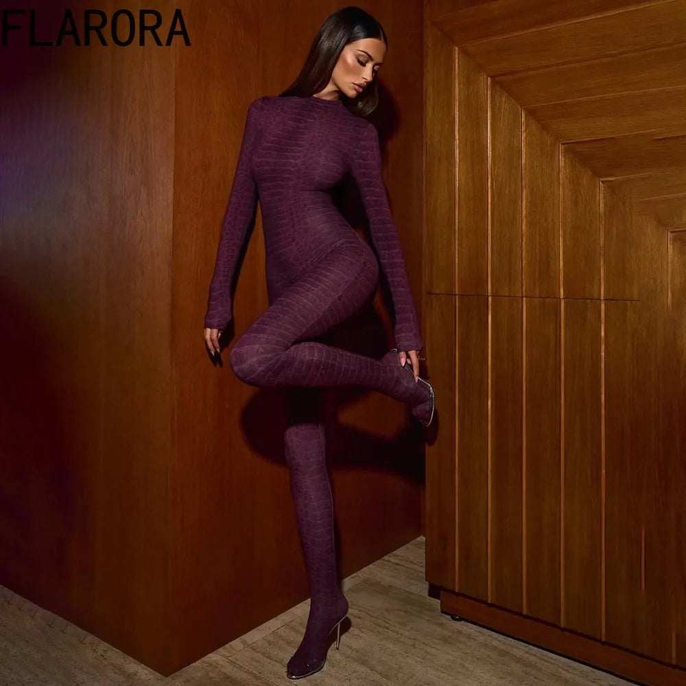 FLARORA Trend Print Foot Jumpsuits Woman Round Neck Long Sleeve Zip Skinny One Piece Overalls Street Stretch Clubwear 2025 New