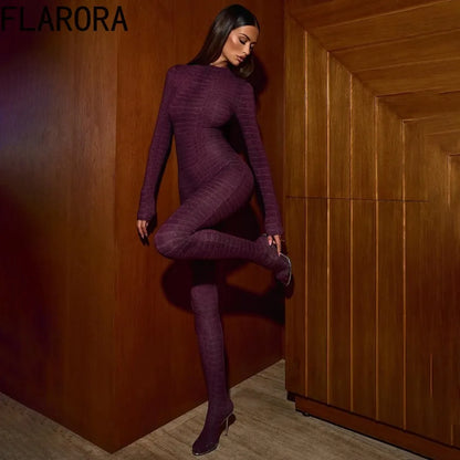 FLARORA Trend Print Foot Jumpsuits Woman Round Neck Long Sleeve Zip Skinny One Piece Overalls Street Stretch Clubwear 2025 New