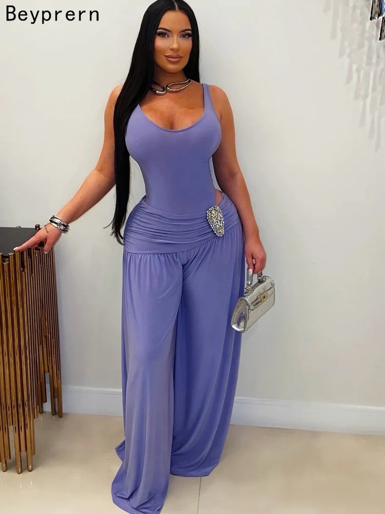 Beyprern Sexy Ruched Wide Leg Jumpsuit Women Elegant High Waist Sleeveless One Piece Outfits Summer Loose Floor Length Rompers