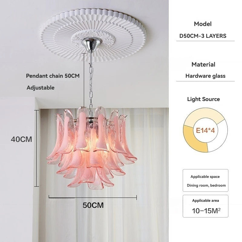 French Murano Petal Glass Chandelier Dining Table Living Room Antique Style Pink Petal Glass Pendant Chandelier Lights Bedroom