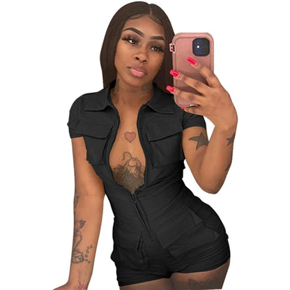 Red Jumpsuit for Woman Short Zipper V Turn Down Short Sleeve Overall Jumpsuit Shorts Casual Pockets Bodycon Rompers 2XL