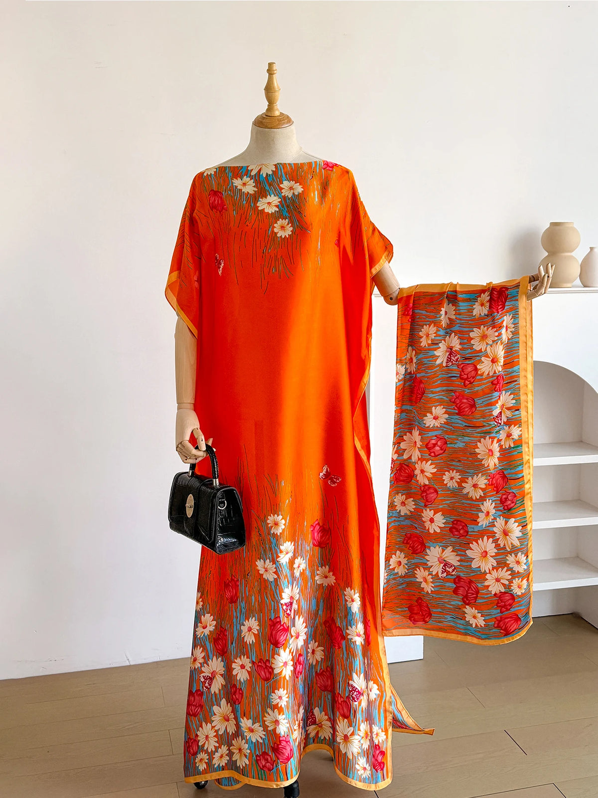 New Fashion Summer Dress With Big Scarf Dubai Turkey Kaftan Muslim Loose Abaya Women African Casual Flower Shawl Robe Moomoo