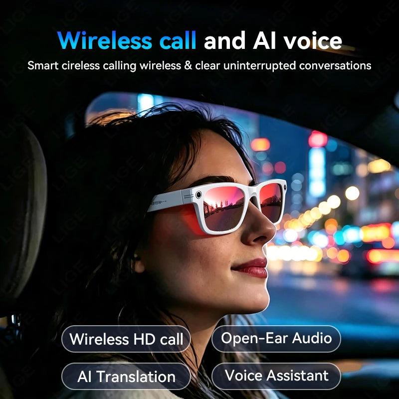 LIGE New AI Smart Glasses With Video Camera 1300W Outdoor Sunglasses Wi-Fi Transfer BT Call Audio Record Smart Wearable Headset