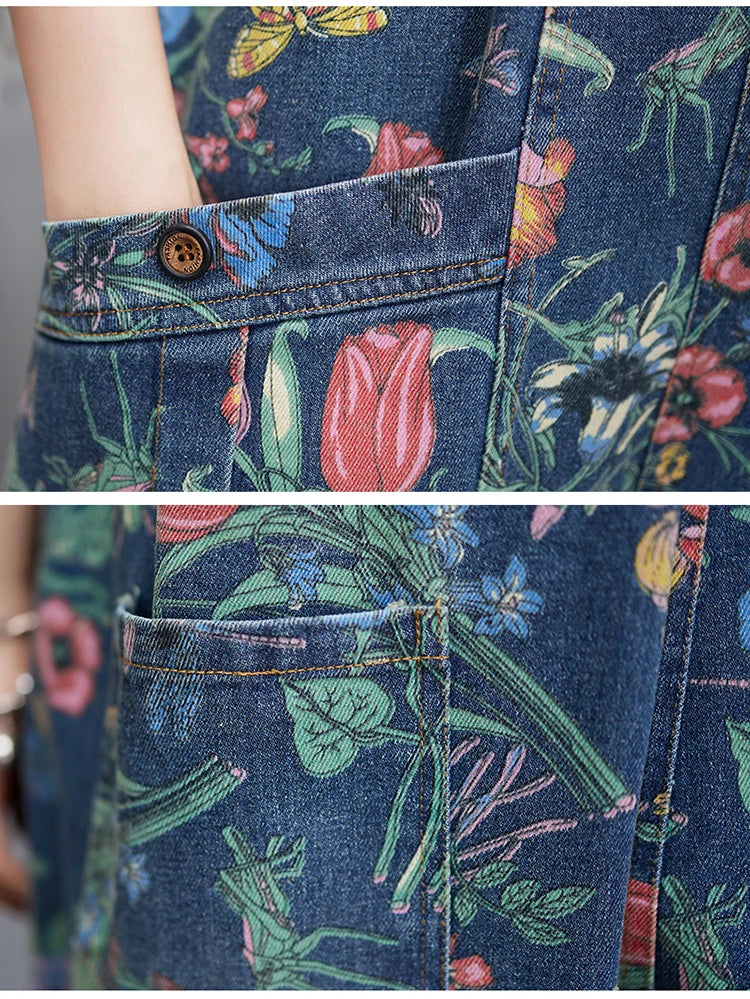 Casual Streetwear Print Floral Denim Jumpsuit Woman Loose Baggy Wide Leg Pants Rompers Big Size Pockets Straps Jeans Overalls