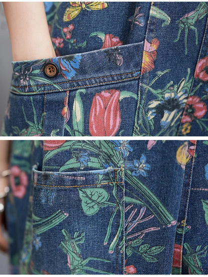 Casual Streetwear Print Floral Denim Jumpsuit Woman Loose Baggy Wide Leg Pants Rompers Big Size Pockets Straps Jeans Overalls