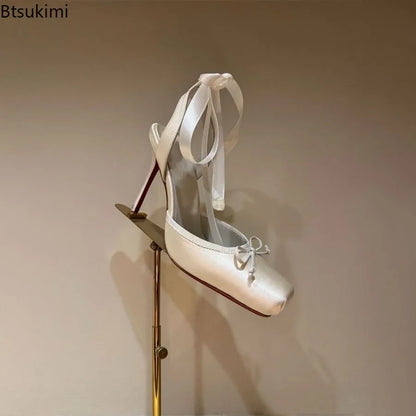 New 2026 Summer Women's Nude Satin Lace-Up Bow Heel Closed Square Toe Sandals Ballet Shoes Luxury Dress Slingback Ladies Pumps