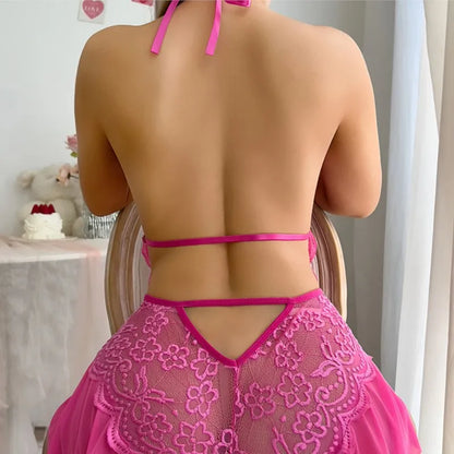 New Sexy Crotchless Rose Sexy Lingerie Women Lace Hollow Bodysuit Teddy Babydoll Dress Deep V Open Bra Porno Set Erotic Pajamas