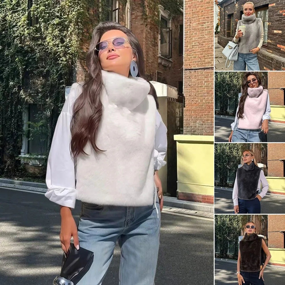 Trendy Outerwear Eco Mink Fur Turtleneck Tank Tops Fluffy High Collar Crop Top Thicken Layering Piece Sable Vest Women's Apparel