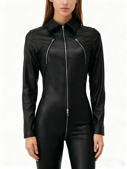 Sexy Black PU Leather Jumpsuit Women Collared Long Sleeve Bodycon Catsuit Zip Pockets Moto Biker Streetwear Clubwear Party Raves