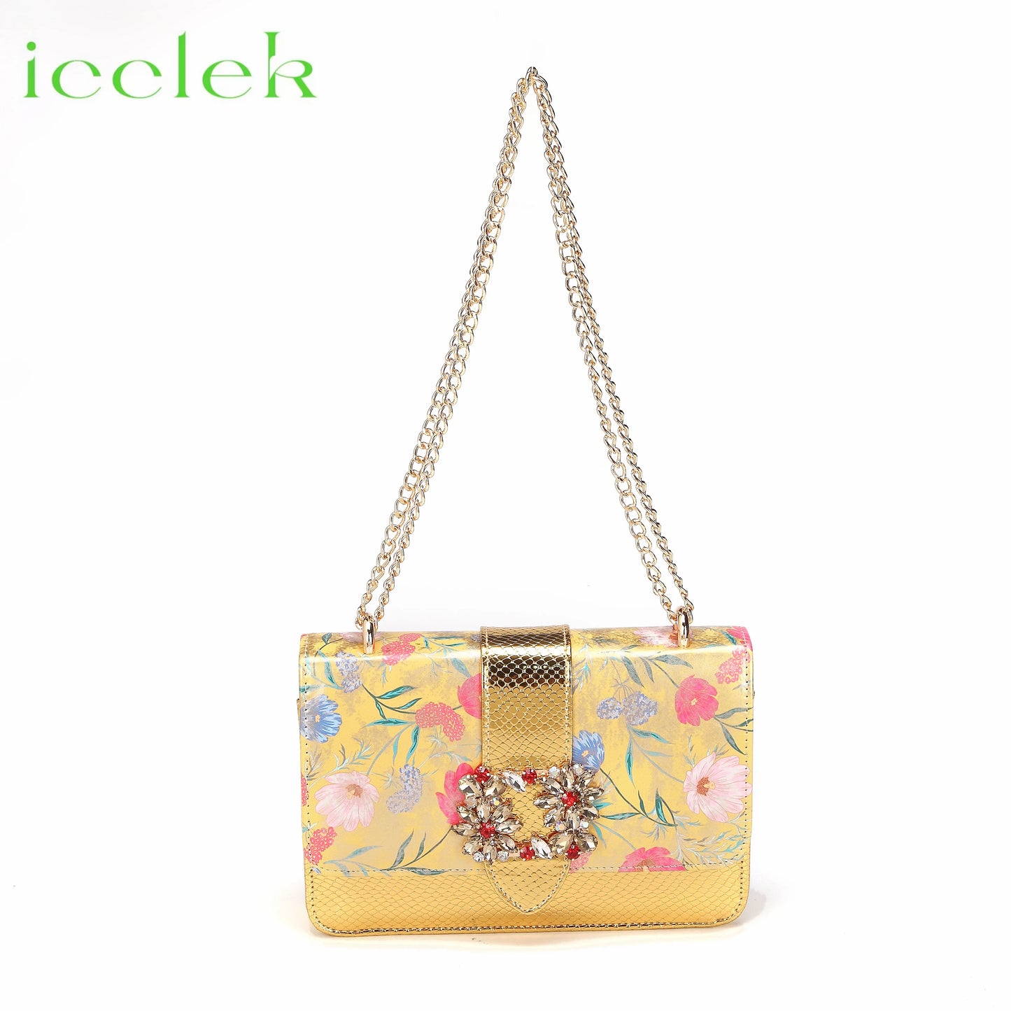 Newest Green Color Print Design High Heels Decorated with Water Rhinestone Party Women's Shoes and Bags Set