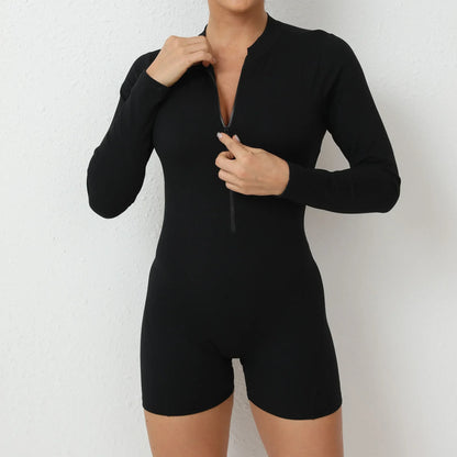 Seamless Yoga Zipper Jumpsuits Sports Fitness Beauty Back Hip-Lifting Long-Sleeved One-Piece Workout Gym Bodysuits for Women