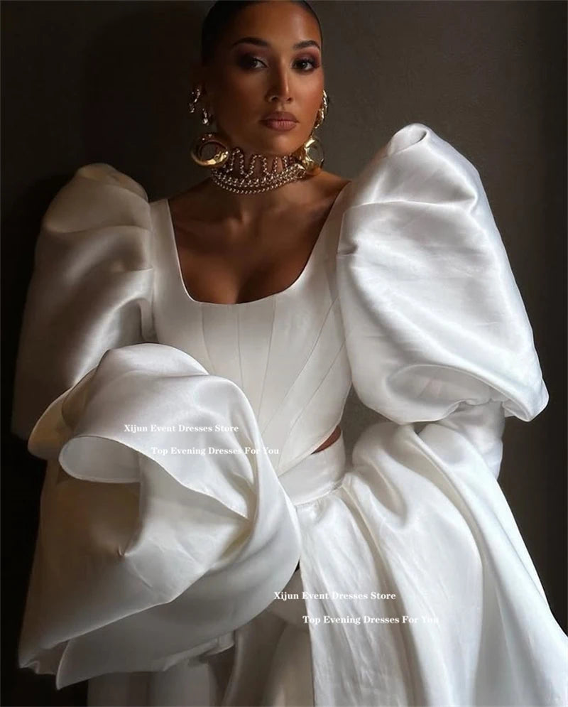 Xijun Ivory Satin Modern Evening Dresses Formal High Low Wedding Dresses Puff Sleeves Birthday Party Gowns Women 2025 Customized