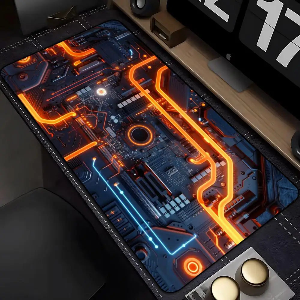 Large XXL Gaming Mouse Pad Desk Mat Keyboard Pad Orange Neon Circuit Board Cyberpunk Tech Pattern Print Laptop PC Gamer Office