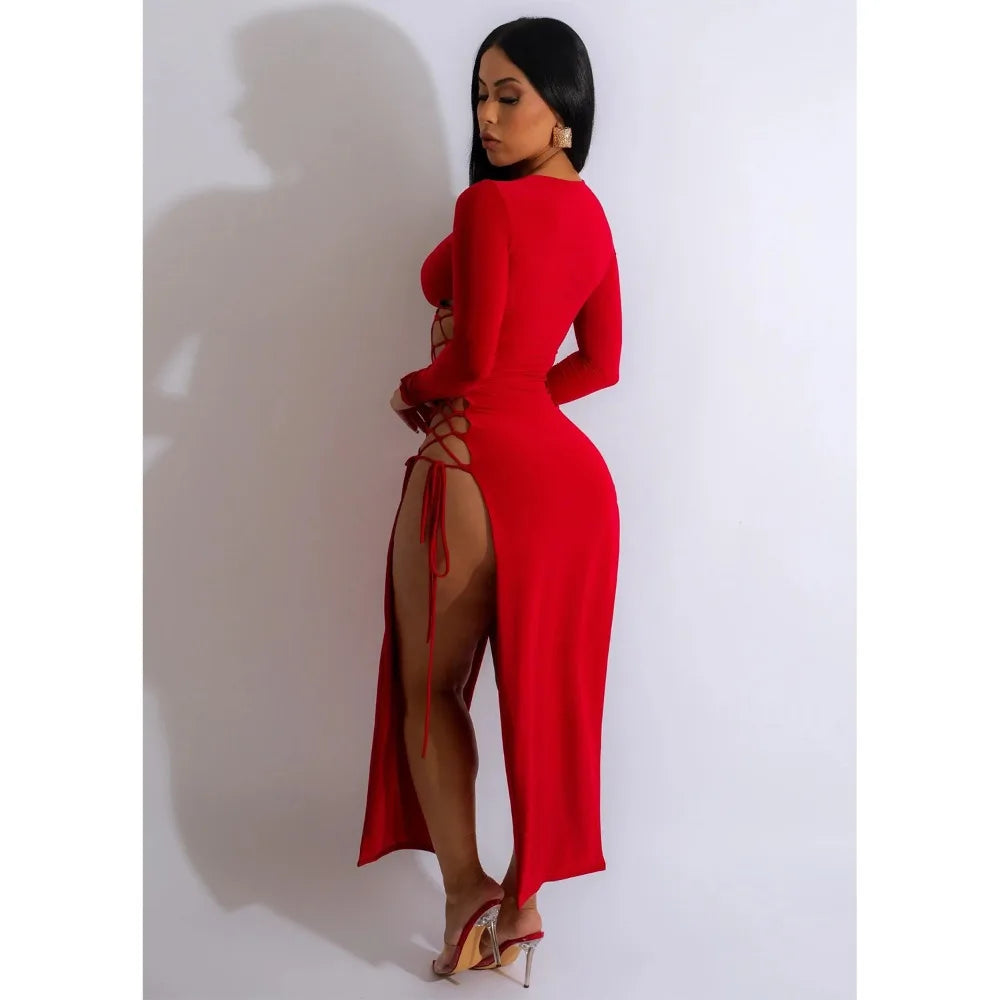 HLJ Sexy Solid Hollow Out Bandage Slit Bodycon Mid Dresses Women Round Neck Long Sleeve Slim Vestidos Fashion Party Club Clothes