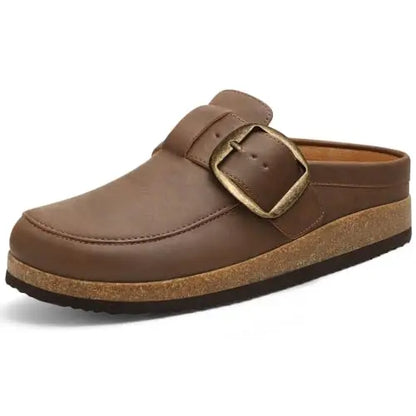 Evshine Women Loafer Style Clog Slippers Vegan Leather Adjustable Big Buckle Cork Footbed Casual Ladies House Home Slippers