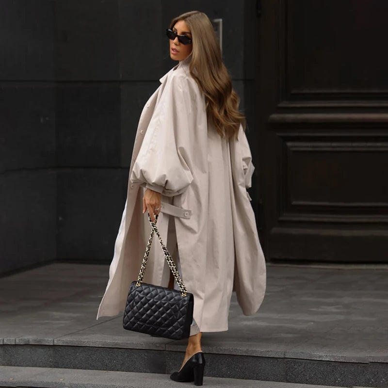 Solid Commute Women's Trench Coat Ovesized Puff Sleeve Single Breasted Long Jacket Lapel Side Slit 2026 New Autumn Lady Outwear